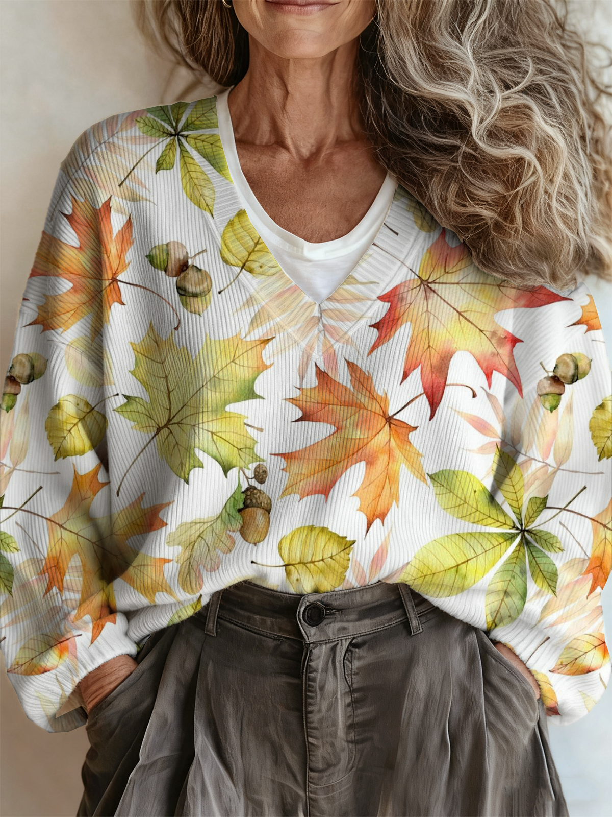 Loose Maple Leaf V Neck Ethnic Sweater