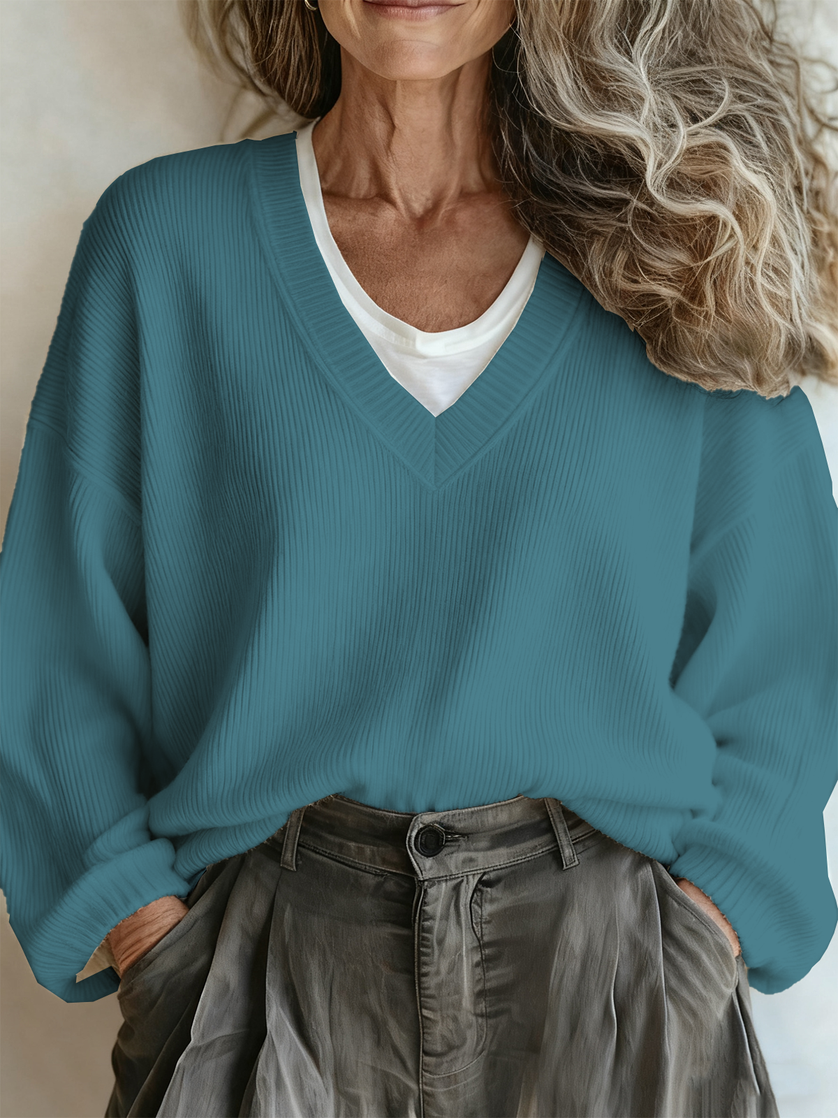 Plain Vintage V Neck Loose Sweater