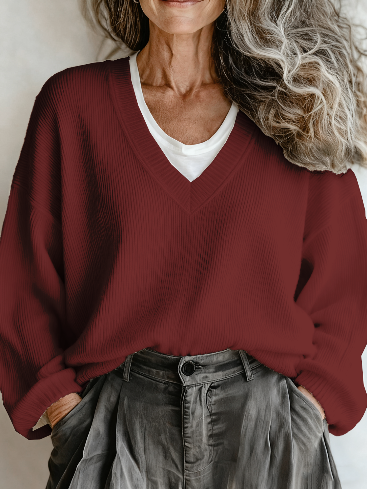 Plain Vintage V Neck Loose Sweater