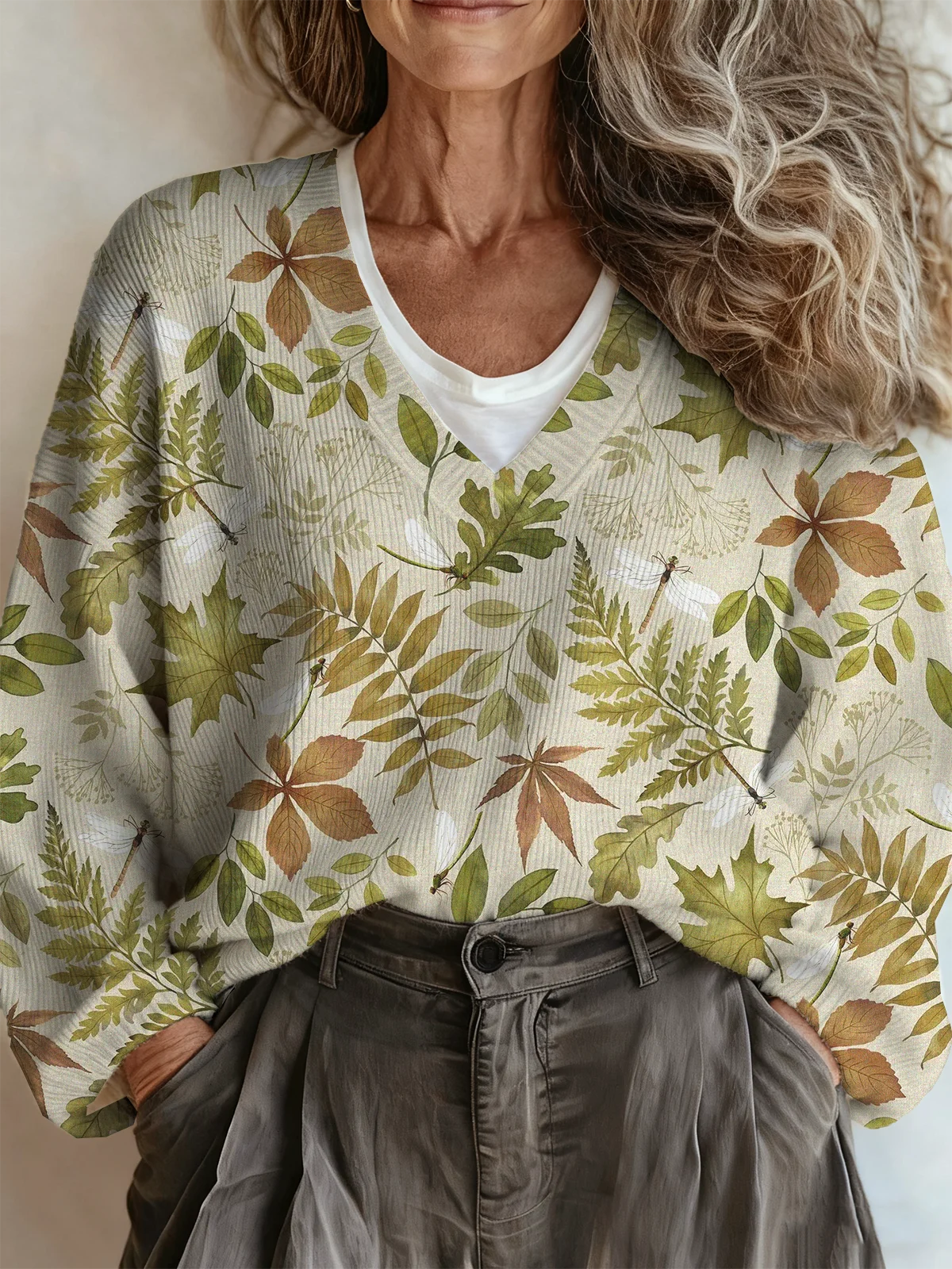 Loose Maple Leaf V Neck Ethnic Sweater