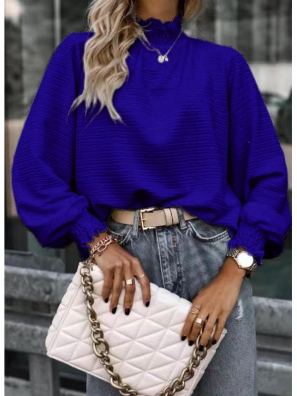 Women's Long Sleeve T-shirt Spring/Fall White Geometric Buckle Stand Collar Balloon Sleeve Daily Going Out Vintage Top