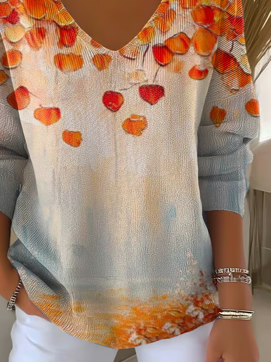 Women's Long Sleeve T-shirt Spring/Fall Orange Maple Leaf Printing V Neck Daily Going Out Casual Top
