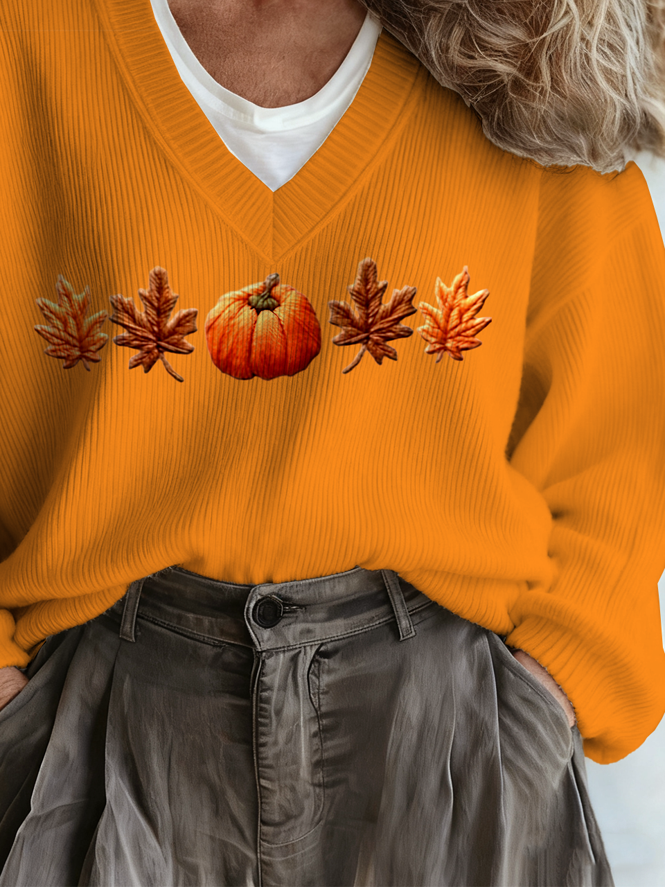 Loose Pumpkin Pattern Casual V Neck Sweater