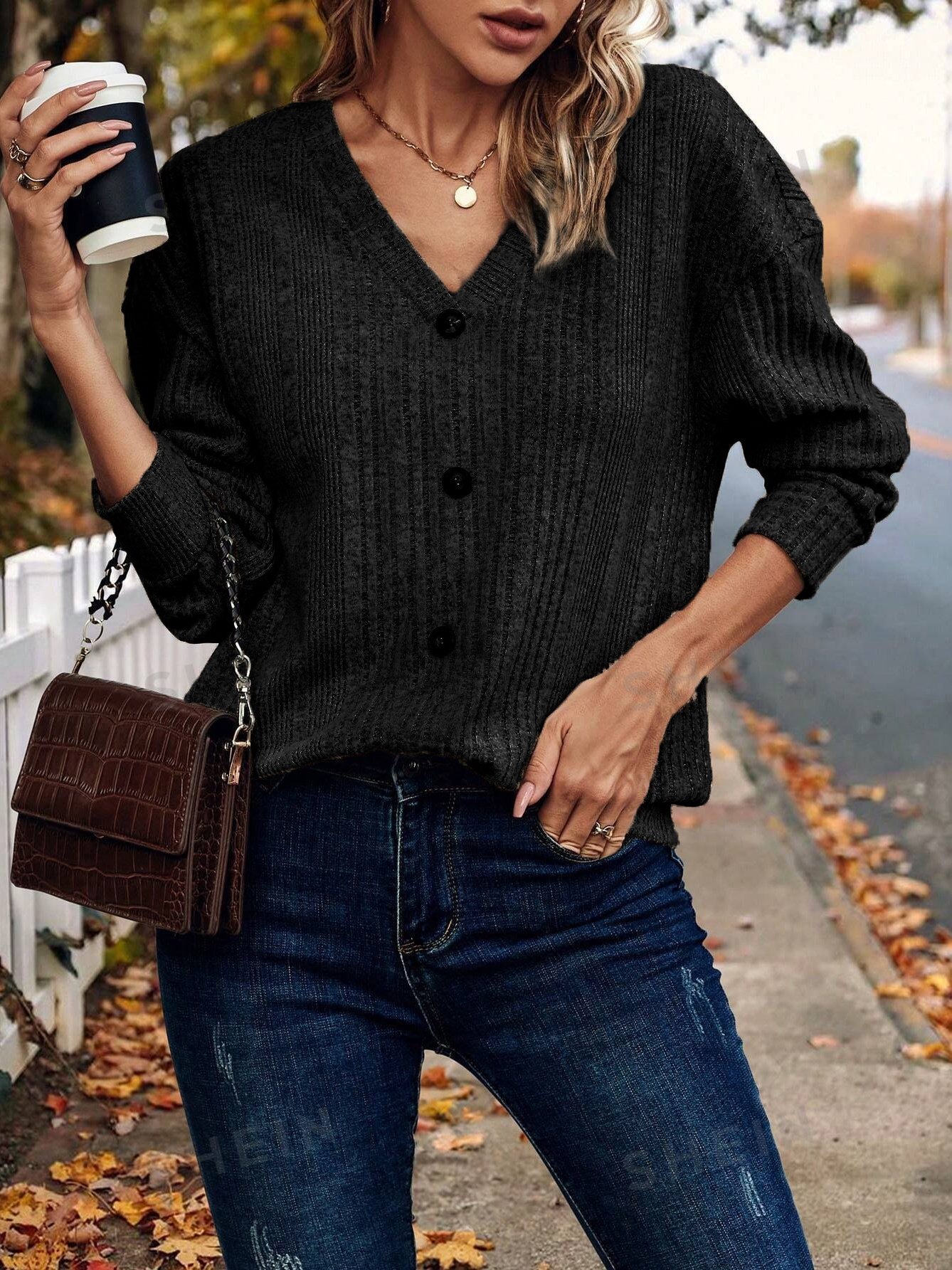 Women's Long Sleeve T-shirt Spring/Fall Khaki Plain Buckle V Neck Daily Going Out Casual Top
