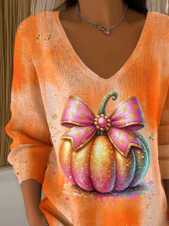 Women's Long Sleeve T-shirt Spring/Fall Orange Halloween (pumpkin) Printing V Neck Daily Going Out Casual Top