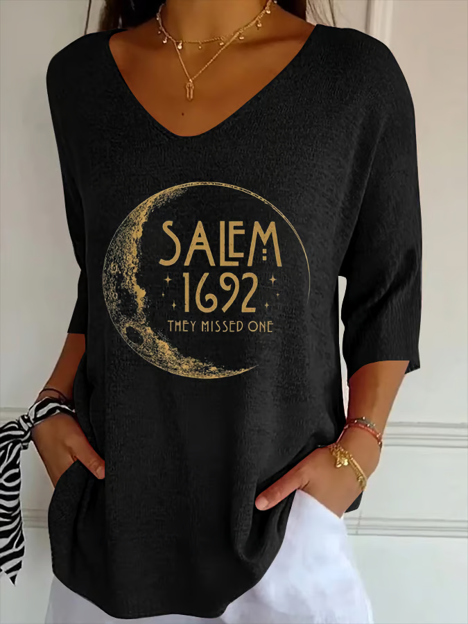 Women's Three Quarter Sleeve T-shirt Spring/Fall Orange Halloween Salem 1692 The Missed One Printing V Neck Daily Going Out Casual Top