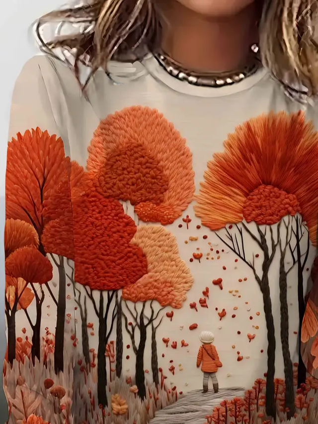 Women's Long Sleeve T-shirt Spring/Fall Apricot Tree Printing Jersey Crew Neck Daily Going Out Casual Top