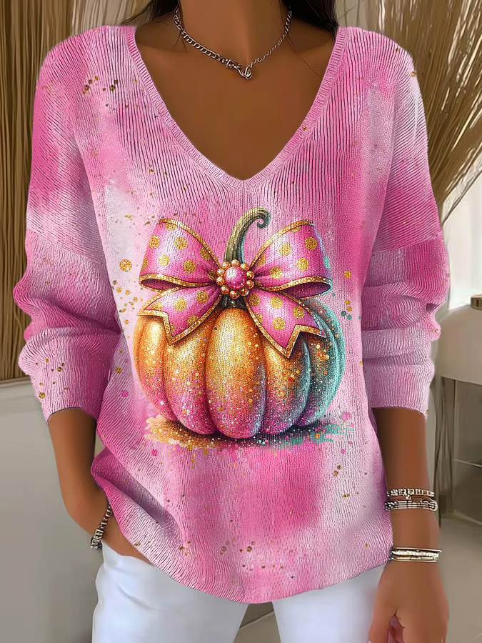 Women's Long Sleeve T-shirt Spring/Fall Orange Halloween (pumpkin) Printing V Neck Daily Going Out Casual Top