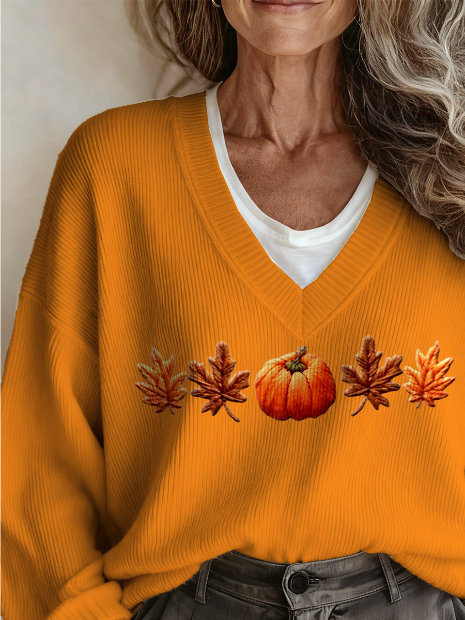 Loose Pumpkin Pattern Casual V Neck Sweater