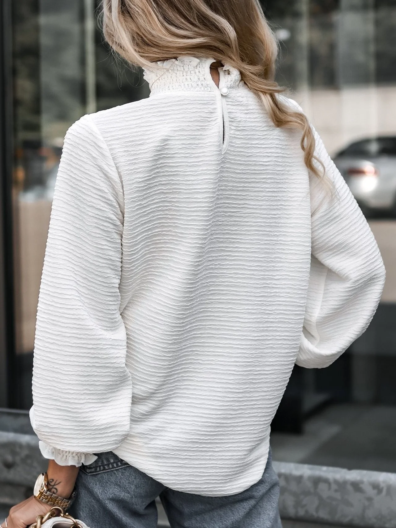 Women's Long Sleeve T-shirt Spring/Fall White Geometric Buckle Stand Collar Balloon Sleeve Daily Going Out Vintage Top