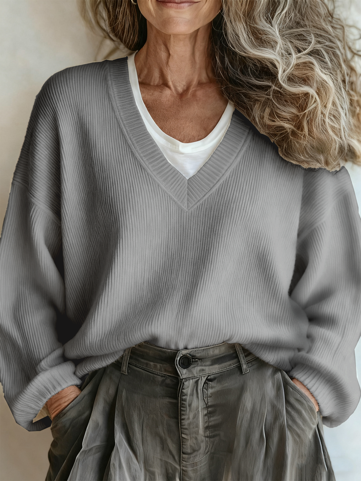 Plain Vintage V Neck Loose Sweater