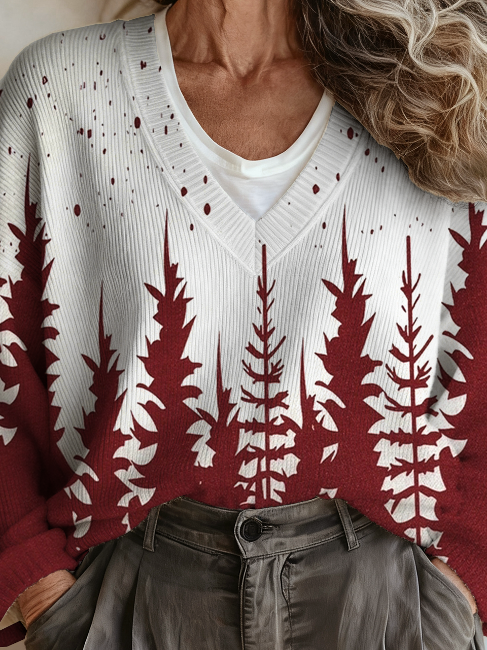 V Neck Vintage Loose Christmas Sweater