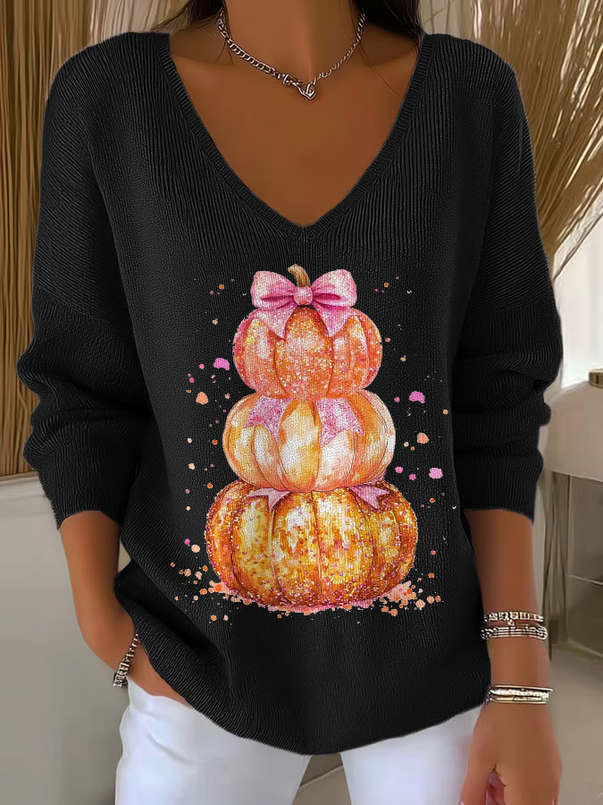 Women's Long Sleeve T-shirt Spring/Fall Orange Halloween (pumpkin) Printing V Neck Daily Going Out Casual Top