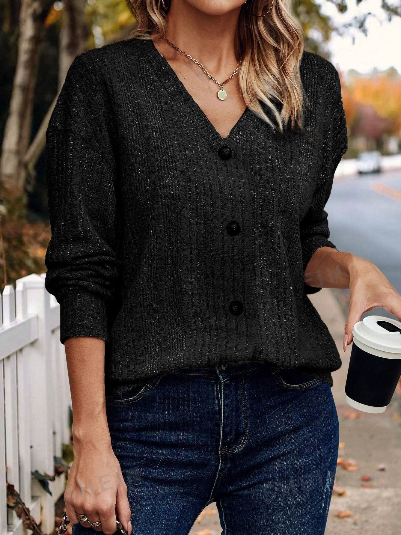 Women's Long Sleeve T-shirt Spring/Fall Khaki Plain Buckle V Neck Daily Going Out Casual Top