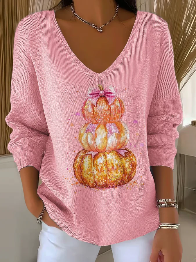 Women's Long Sleeve T-shirt Spring/Fall Orange Halloween (pumpkin) Printing V Neck Daily Going Out Casual Top