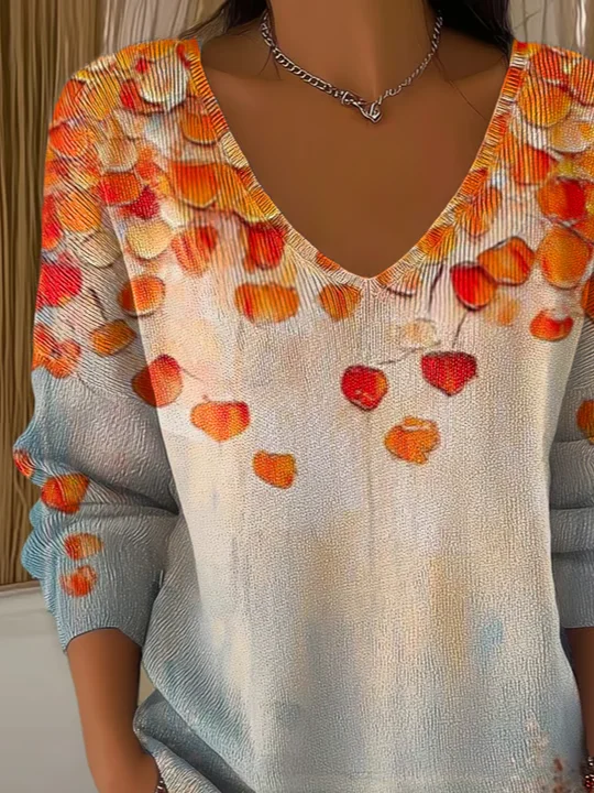 Women's Long Sleeve T-shirt Spring/Fall Orange Maple Leaf Printing V Neck Daily Going Out Casual Top