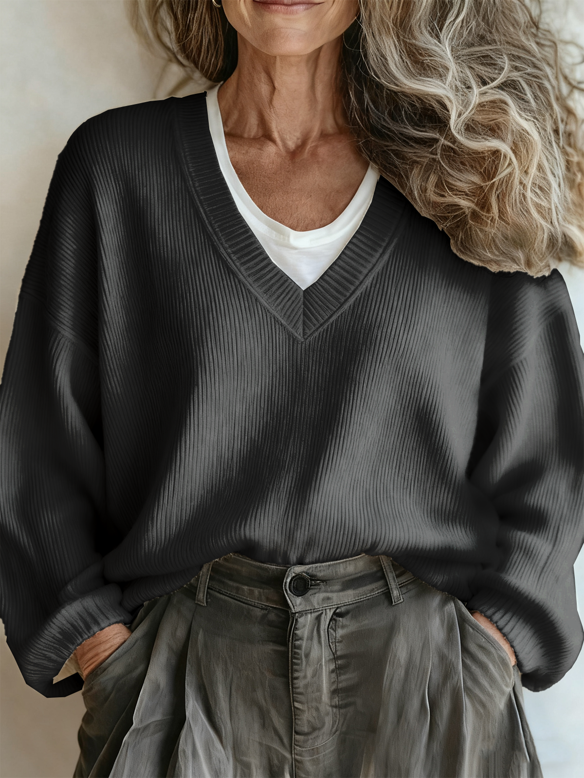 Plain Vintage V Neck Loose Sweater