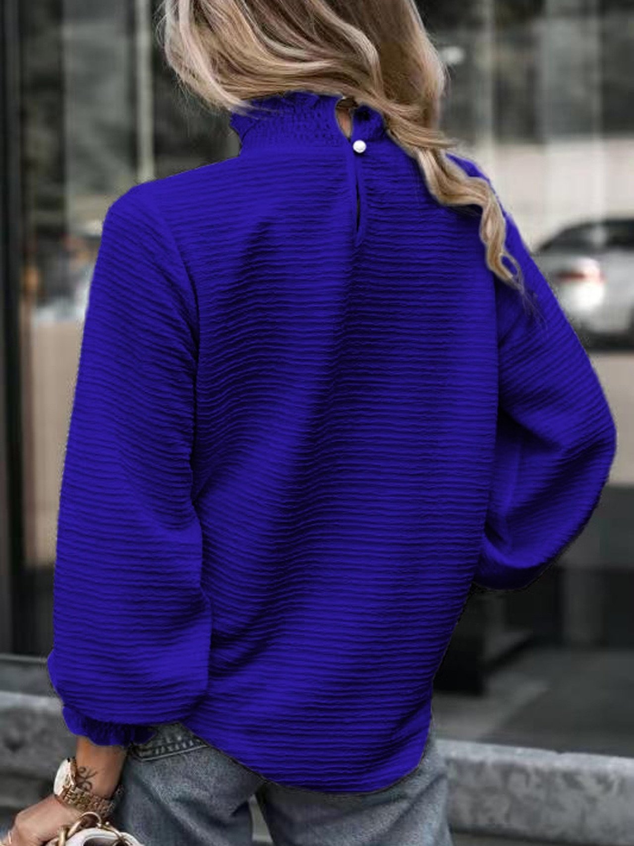 Women's Long Sleeve T-shirt Spring/Fall White Geometric Buckle Stand Collar Balloon Sleeve Daily Going Out Vintage Top