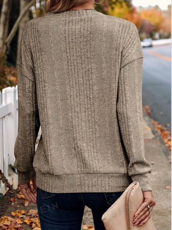 Women's Long Sleeve T-shirt Spring/Fall Khaki Plain Buckle V Neck Daily Going Out Casual Top