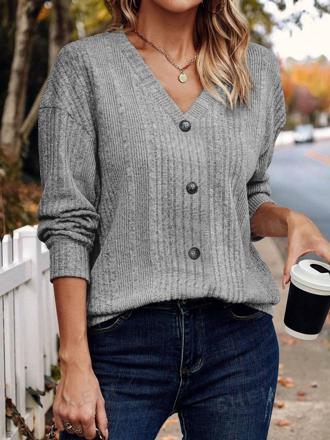 Women's Long Sleeve T-shirt Spring/Fall Khaki Plain Buckle V Neck Daily Going Out Casual Top