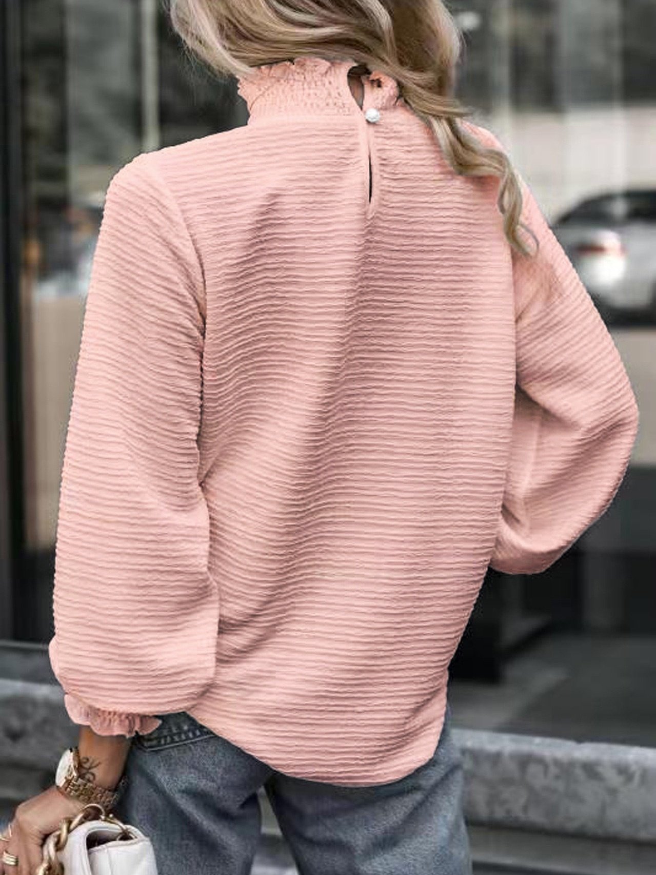 Women's Long Sleeve T-shirt Spring/Fall White Geometric Buckle Stand Collar Balloon Sleeve Daily Going Out Vintage Top