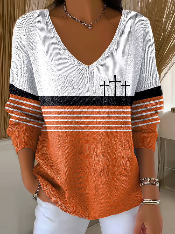Women's Long Sleeve T-shirt Spring/Fall Orange Multicolor Block Printing V Neck Daily Going Out Casual Top