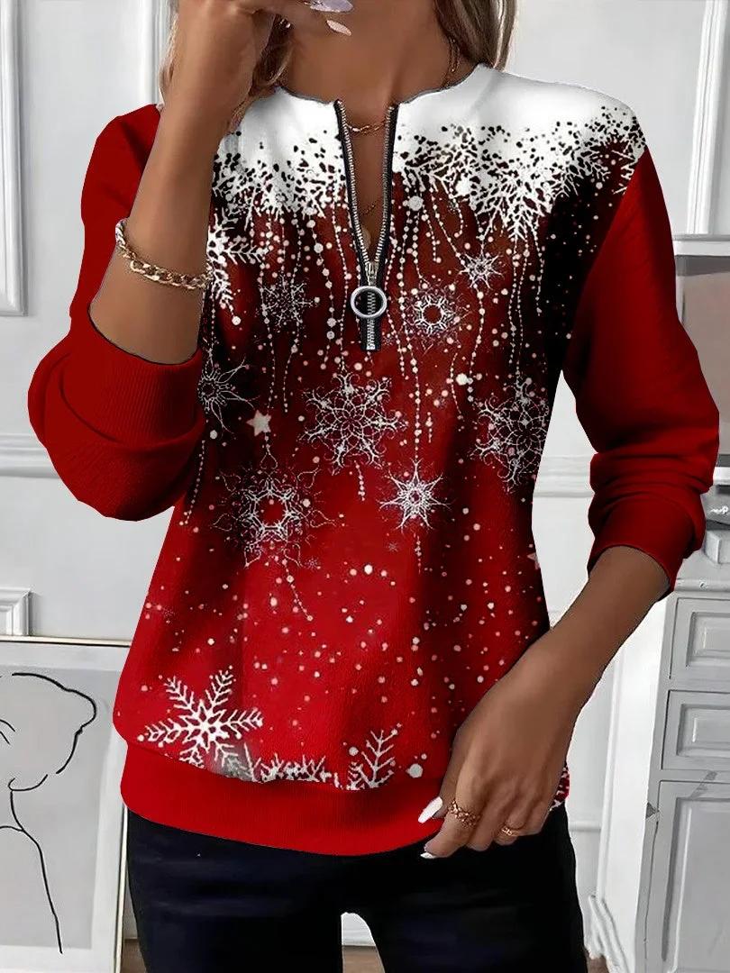 Women's Christmas Print Casual Zipper Long Sleeve Sweatshirt