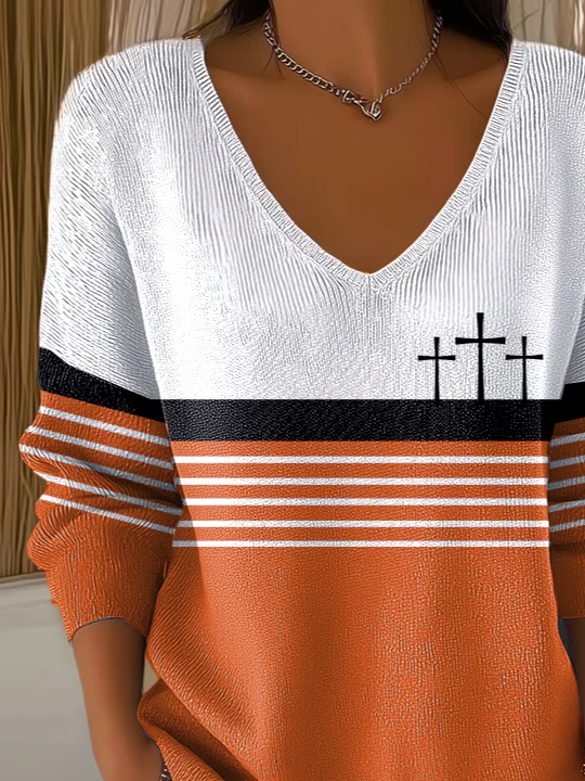 Women's Long Sleeve T-shirt Spring/Fall Orange Multicolor Block Printing V Neck Daily Going Out Casual Top