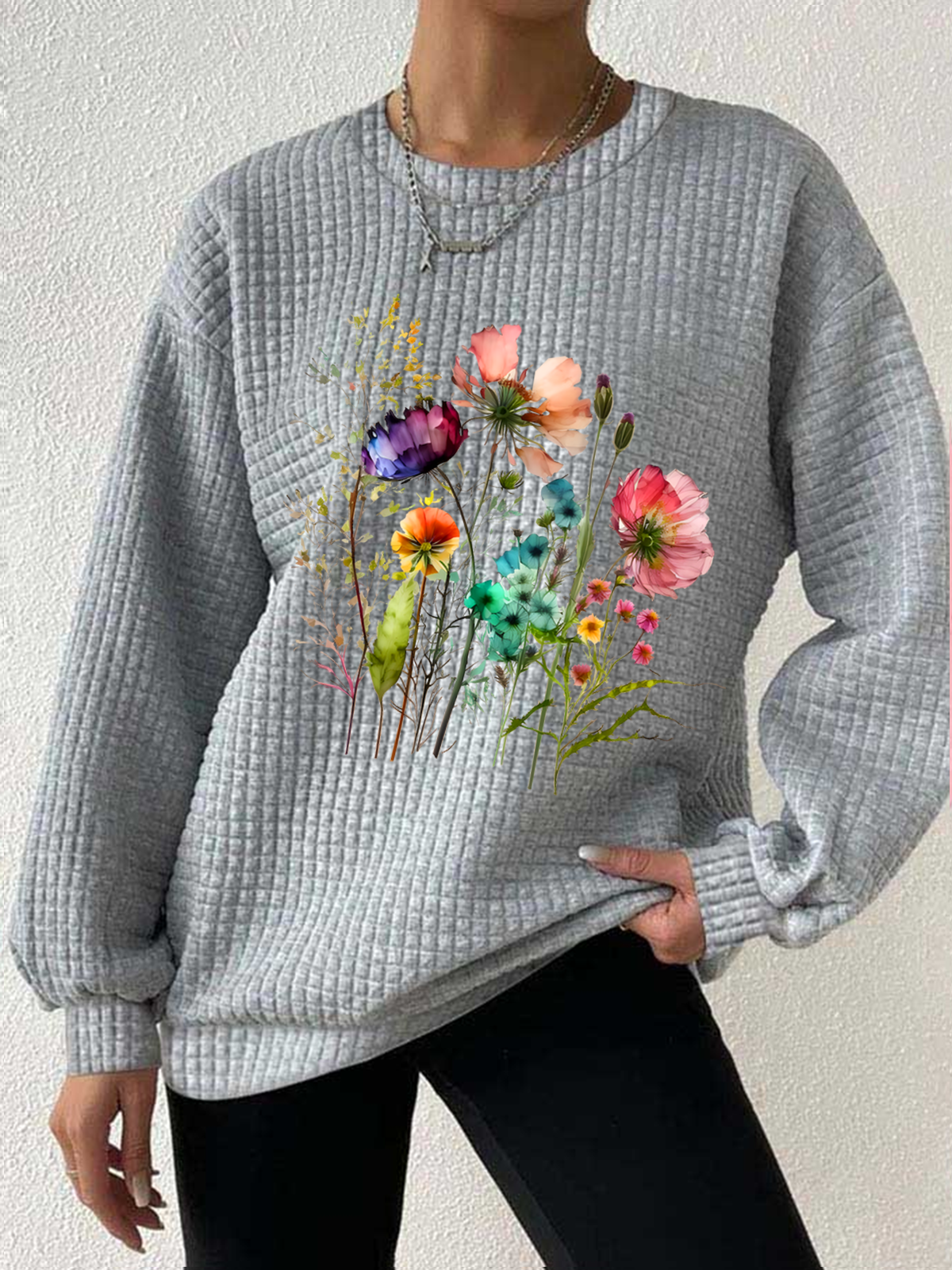 Women's Floral Print Crew Neck Waffle Sweatshirt