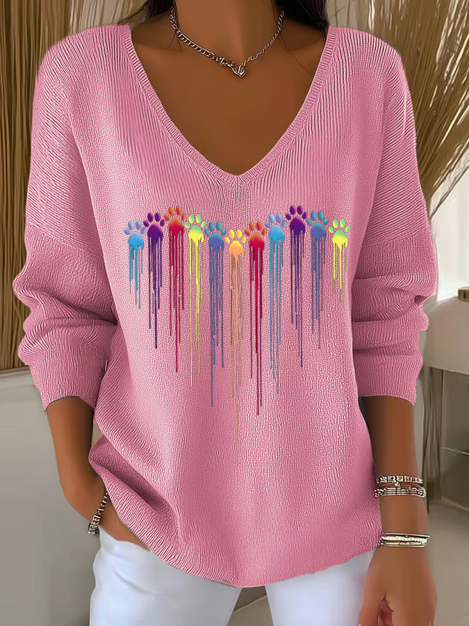 Women's Colorful Dog Heart Paw Print Casual Knitted Top