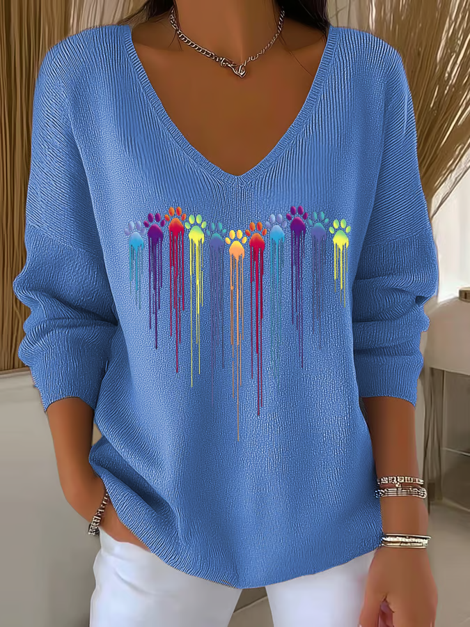 Women's Colorful Dog Heart Paw Print Casual Knitted Top
