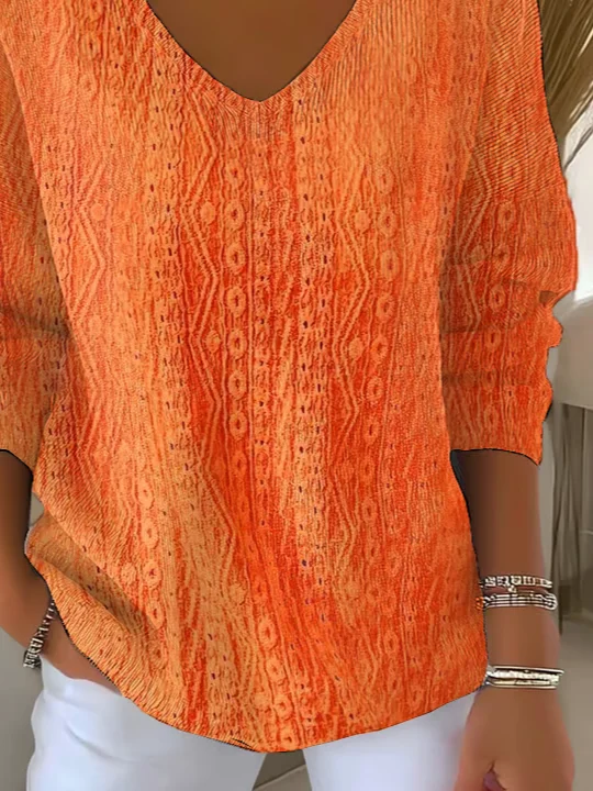 Women's Long Sleeve T-shirt Spring/Fall Orange Abstract Printing V Neck Daily Going Out Casual Top
