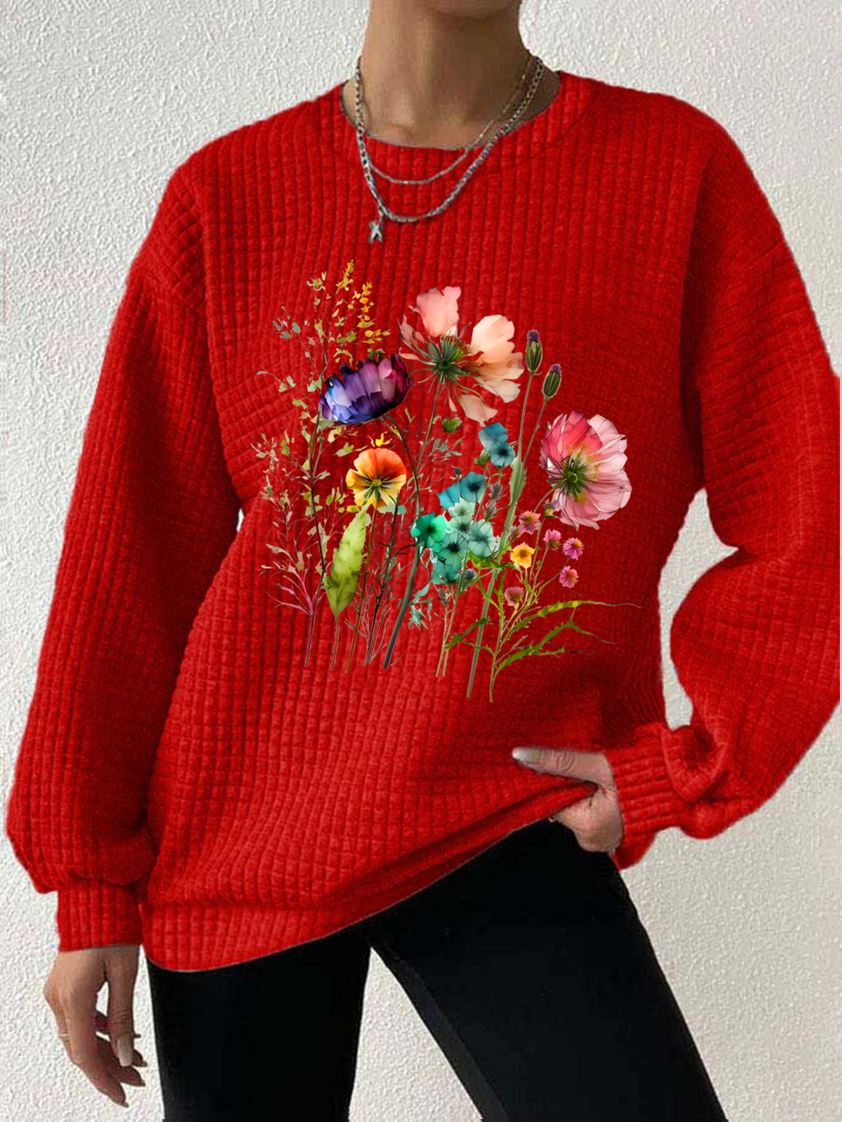 Women's Floral Print Crew Neck Waffle Sweatshirt