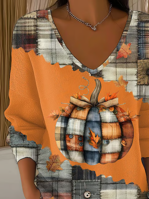 Women's Long Sleeve T-shirt Spring/Fall Orange Halloween (pumpkin) Printing V Neck Daily Going Out Casual Top