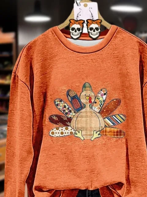 Women's Turkey Print Thanksgiving Crew Neck Sweatshirt