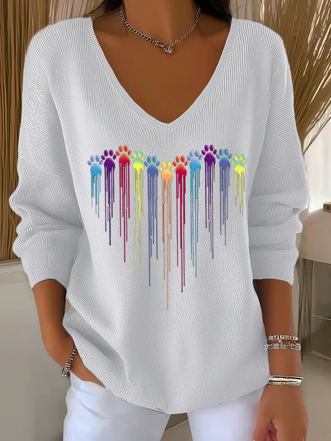 Women's Colorful Dog Heart Paw Print Casual Knitted Top