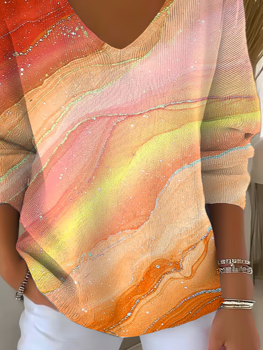 Women's Long Sleeve T-shirt Spring/Fall Orange Abstract Printing V Neck Daily Going Out Casual Top