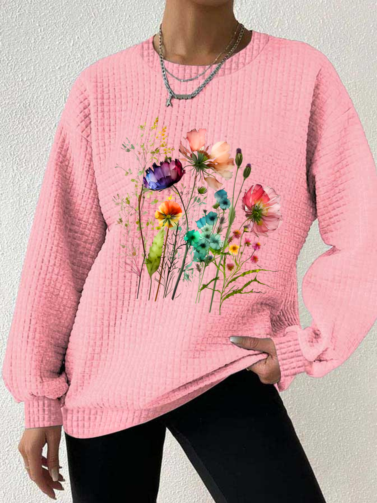 Women's Floral Print Crew Neck Waffle Sweatshirt