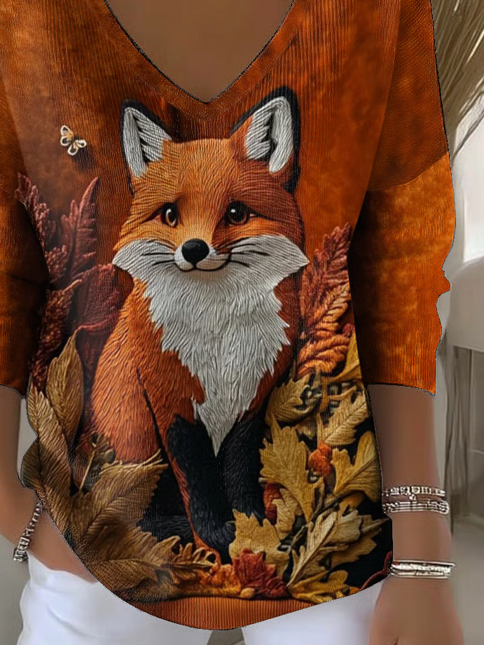 Women's Long Sleeve T-shirt Spring/Fall Brown Maple Leaf Printing V Neck Daily Going Out Casual Top