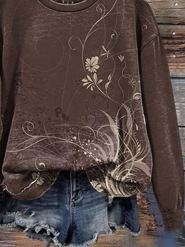 Crew Neck Casual Floral Printing Sweatshirt