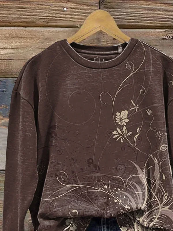 Crew Neck Casual Floral Printing Sweatshirt