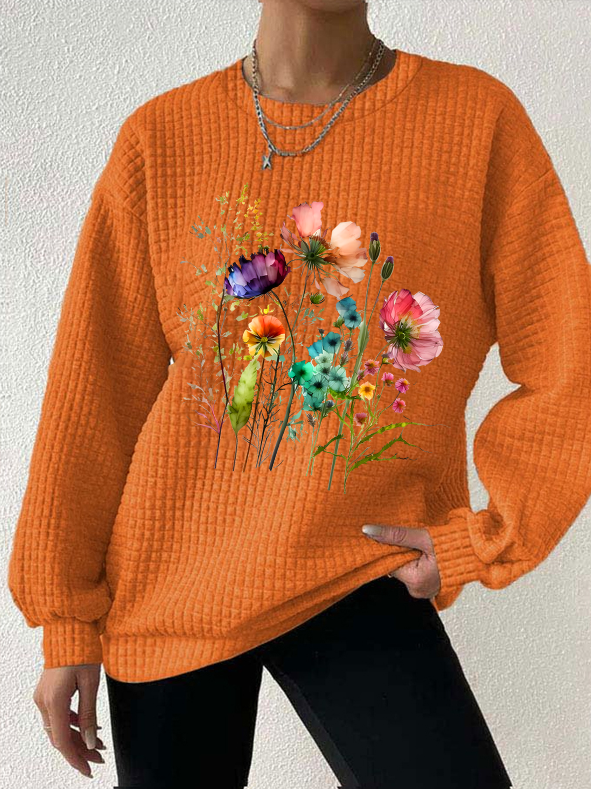 Women's Floral Print Crew Neck Waffle Sweatshirt