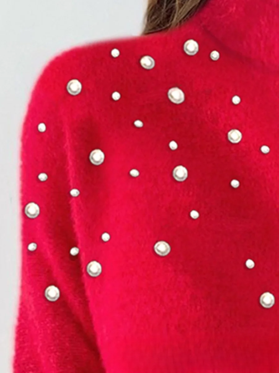 Simple Printing Beaded Turtleneck Sweater