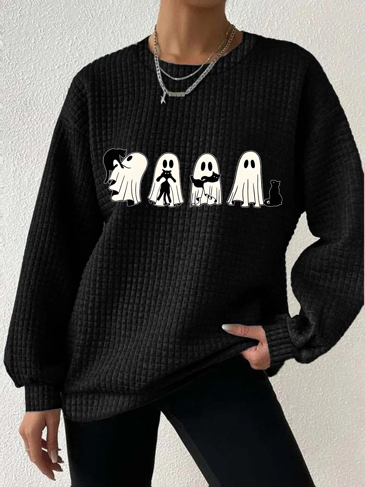 Women's Halloween Black Cat Waffle Sweatshirt