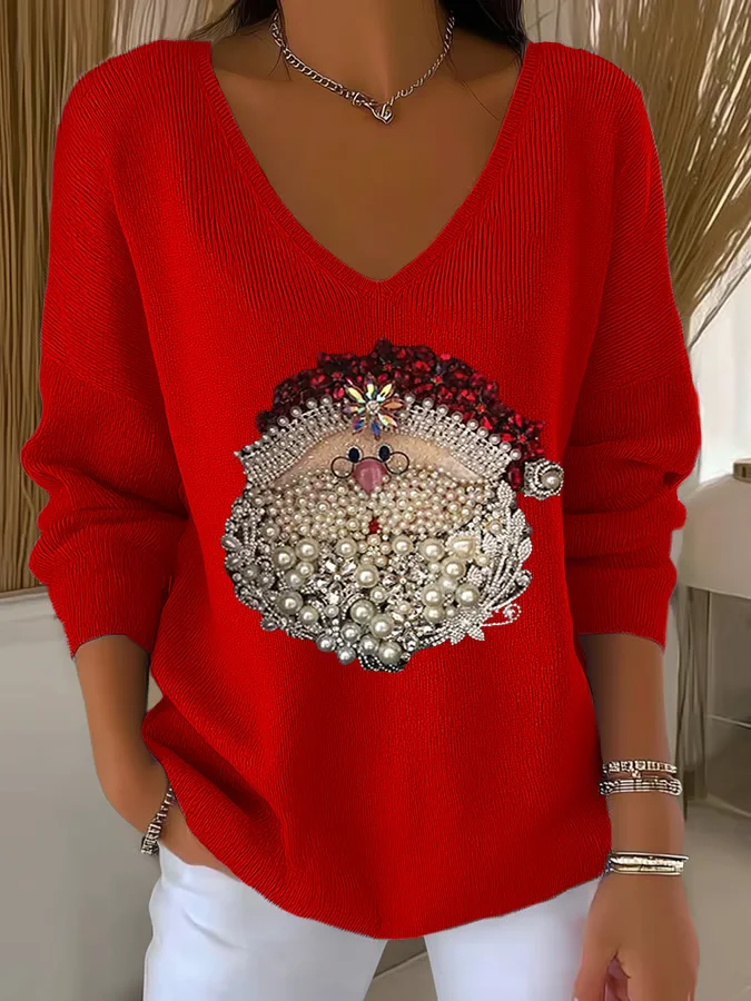 Women's Long Sleeve T-shirt Spring/Fall Black Christmas Printing V Neck Daily Going Out Casual Top