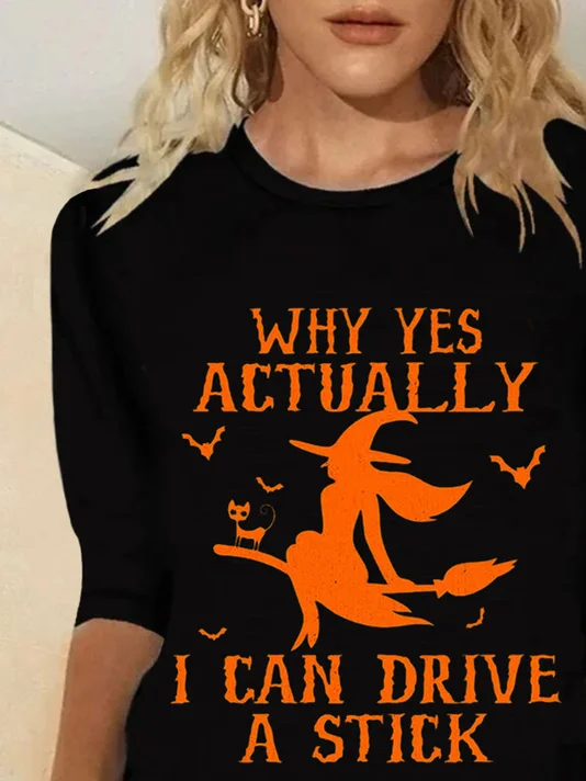 Women's Crew Neck Long Sleeve T-Shirt with Halloween Lettering Print