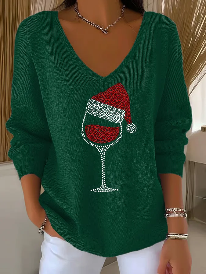 Women's Long Sleeve T-shirt Spring/Fall Black Christmas Printing V Neck Daily Going Out Casual Top