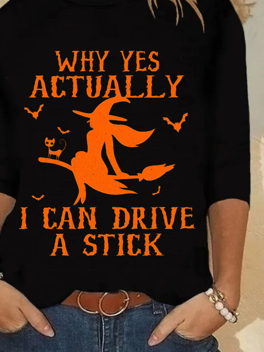 Women's Crew Neck Long Sleeve T-Shirt with Halloween Lettering Print