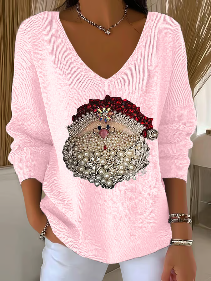 Women's Long Sleeve T-shirt Spring/Fall Black Christmas Printing V Neck Daily Going Out Casual Top