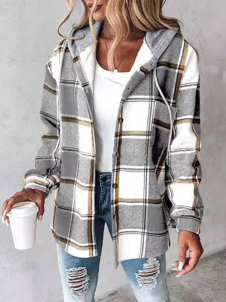 Urban Split Joint Color Block Women's Faux Wool Plaid Striped Jacket